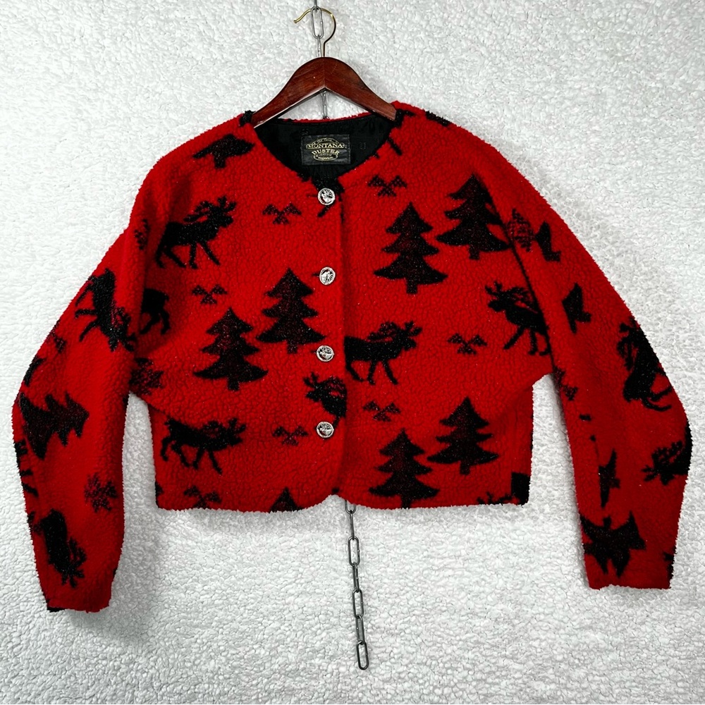 Montana Duster cropped moose fleece red bolero jacket moose head buttons🫎